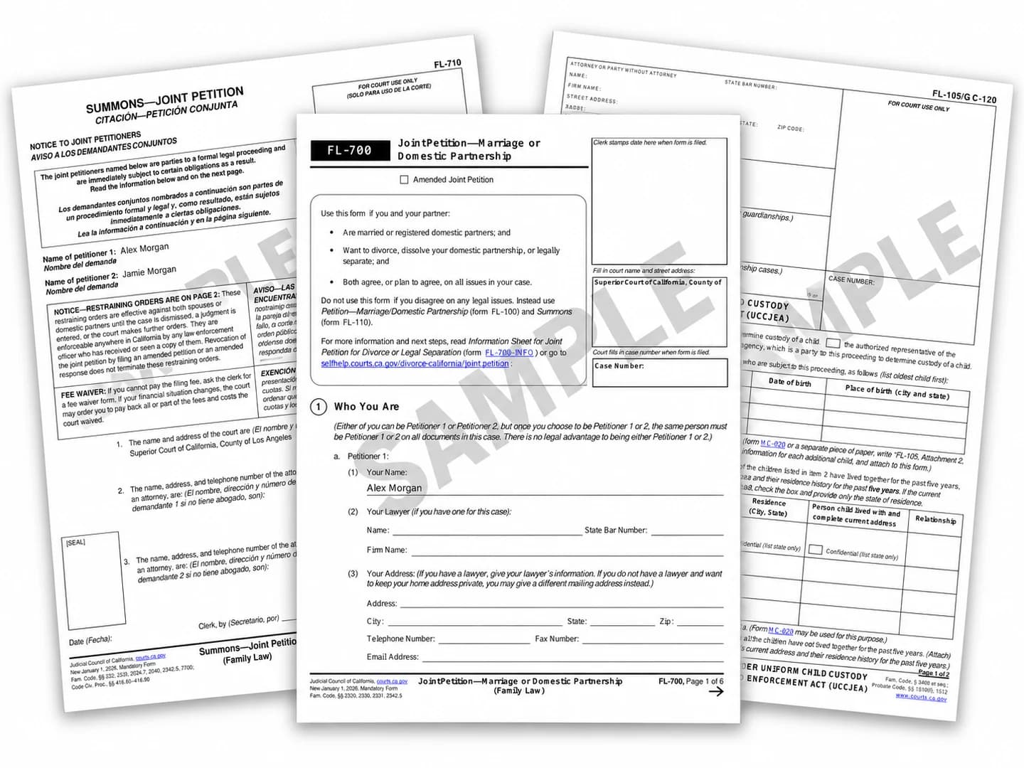 Sample FL-700 joint petition, FL-710 summons and FL-105 forms, filled in and watermarked SAMPLE