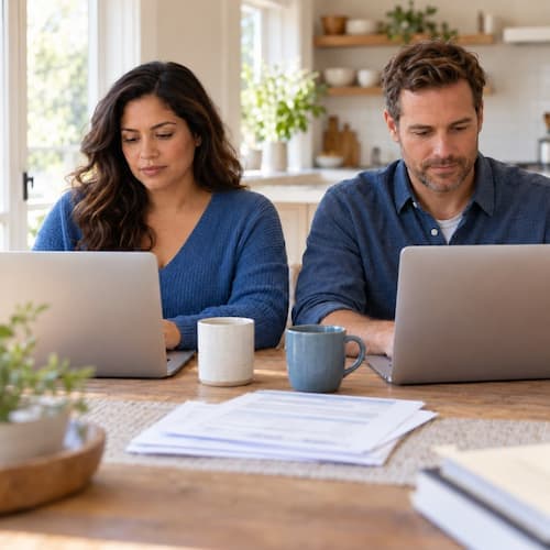 A couple sitting side by side at their kitchen table, each working on a laptop with their divorce paperwork between them
